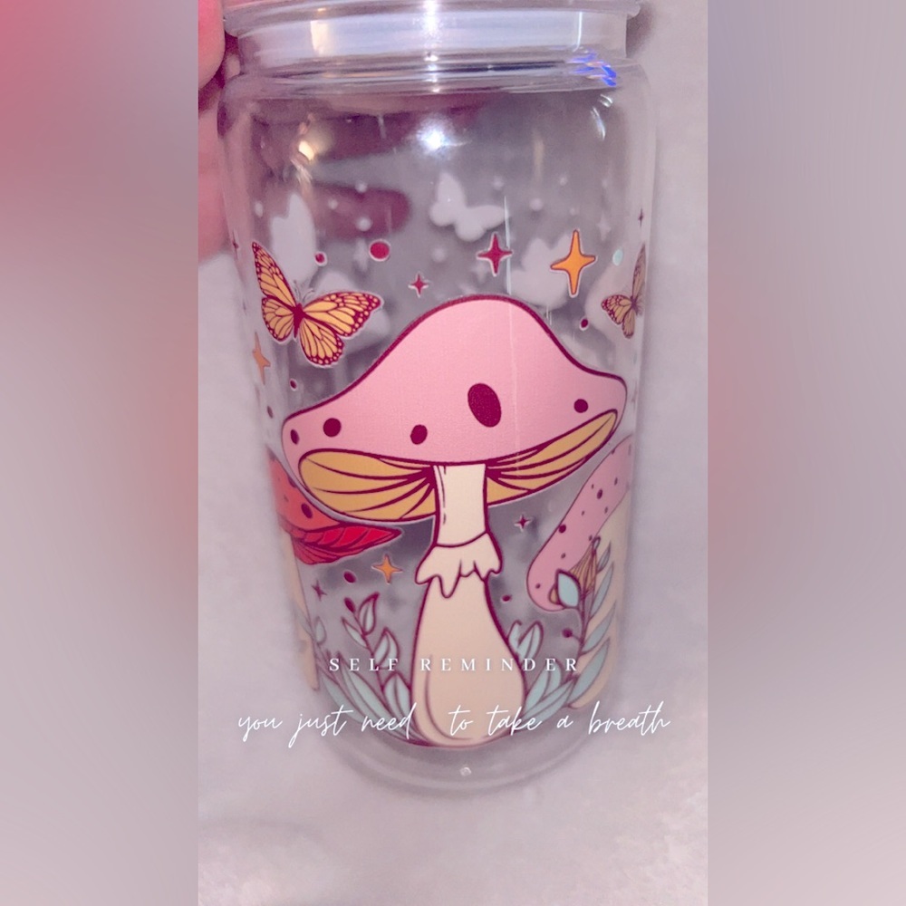 Pink Mushroom and Butterfly Tumbler